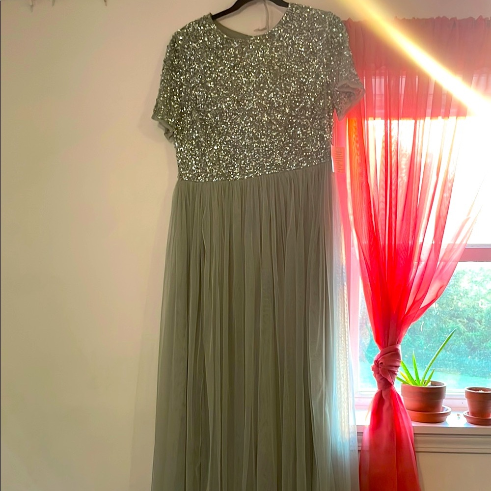 Maya Green Sequin Pleated Maxi Gown